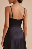 Black Spaghetti Straps A Line Satin Graduation Dress with Slit