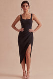 Square Neck Bodycon Ruched Little Black Dress with Slit