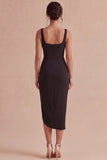 Square Neck Bodycon Ruched Little Black Dress with Slit