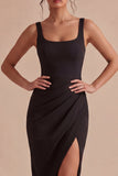 Square Neck Bodycon Ruched Little Black Dress with Slit