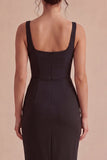 Square Neck Bodycon Ruched Little Black Dress with Slit