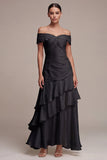 Off the Shoulder Satin Ruffled Black Tie Dress