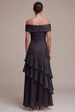 Off the Shoulder Satin Ruffled Black Tie Dress