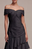 Off the Shoulder Satin Ruffled Black Tie Dress