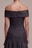 Off the Shoulder Satin Ruffled Black Tie Dress