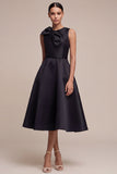 Black A Line Satin Midi Dress with Bow