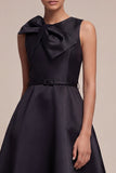 Black A Line Satin Midi Dress with Bow