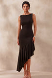 Black Bateau Neck Ruffled Asymmetrical Midi Dress