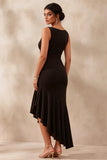 Black Bateau Neck Ruffled Asymmetrical Midi Dress