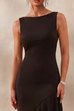 Black Bateau Neck Ruffled Asymmetrical Midi Dress