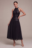 Halter Black Sequin Chiffon Midi Dress