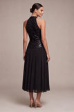 Halter Black Sequin Chiffon Midi Dress