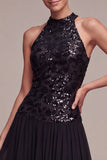 Halter Black Sequin Chiffon Midi Dress