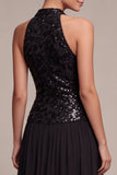 Halter Black Sequin Chiffon Midi Dress
