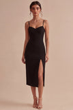 Black Sheath Spaghetti Straps Midi Dress with Slit