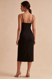 Black Sheath Spaghetti Straps Midi Dress with Slit