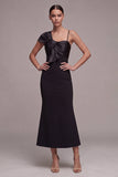 Black Asymmetrical Neck Mermaid Midi Dress with Bow