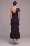 Black Asymmetrical Neck Mermaid Midi Dress with Bow