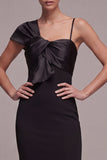 Black Asymmetrical Neck Mermaid Midi Dress with Bow