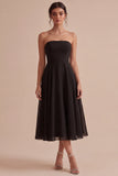 Strapless Black A Line Chiffon Midi Dress
