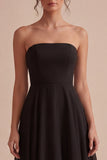 Strapless Black A Line Chiffon Midi Dress