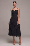 Black A Line Ruffled Spaghetti Straps Midi Dress
