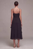 Black A Line Ruffled Spaghetti Straps Midi Dress