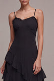 Black A Line Ruffled Spaghetti Straps Midi Dress