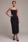 Simple Spaghetti Straps Ruched Sheath Black Midi Dress