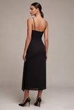 Simple Spaghetti Straps Ruched Sheath Black Midi Dress