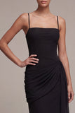 Simple Spaghetti Straps Ruched Sheath Black Midi Dress