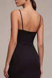 Simple Spaghetti Straps Ruched Sheath Black Midi Dress