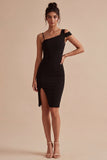 Bodycon Asymmetrical Neck Little Black Dress with Slit