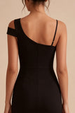 Bodycon Asymmetrical Neck Little Black Dress with Slit