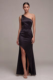 One Shoulder Satin Black Tie Dress with Slit