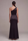 One Shoulder Satin Black Tie Dress with Slit