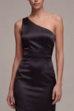 One Shoulder Satin Black Tie Dress with Slit
