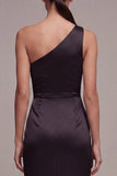 One Shoulder Satin Black Tie Dress with Slit