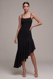 Black Ruffled Asymmetrical Spaghetti Straps Midi Dress