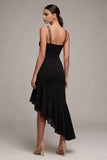 Black Ruffled Asymmetrical Spaghetti Straps Midi Dress