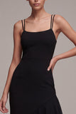 Black Ruffled Asymmetrical Spaghetti Straps Midi Dress