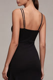 Black Ruffled Asymmetrical Spaghetti Straps Midi Dress