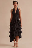 Halter Black Tiered Ruffled Asymmetrical Midi Dress