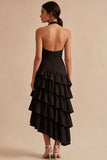 Halter Black Tiered Ruffled Asymmetrical Midi Dress