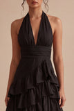 Halter Black Tiered Ruffled Asymmetrical Midi Dress