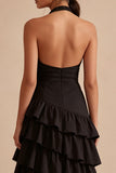 Halter Black Tiered Ruffled Asymmetrical Midi Dress