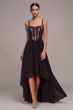 Lace Corset Spaghetti Straps A Line High-Low Black Dress