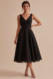 Black V-Neck A Line Ruched Midi Dress