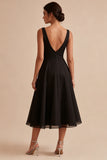 Black V-Neck A Line Ruched Midi Dress