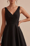 Black V-Neck A Line Ruched Midi Dress